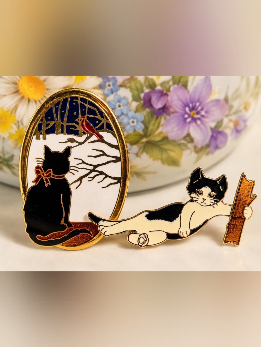 Vintage Enameled Cat Brooch Bundle – 2 Marked Feline Pins – Gold Tone